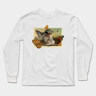 Lady reading with butterflies collage Long Sleeve T-Shirt